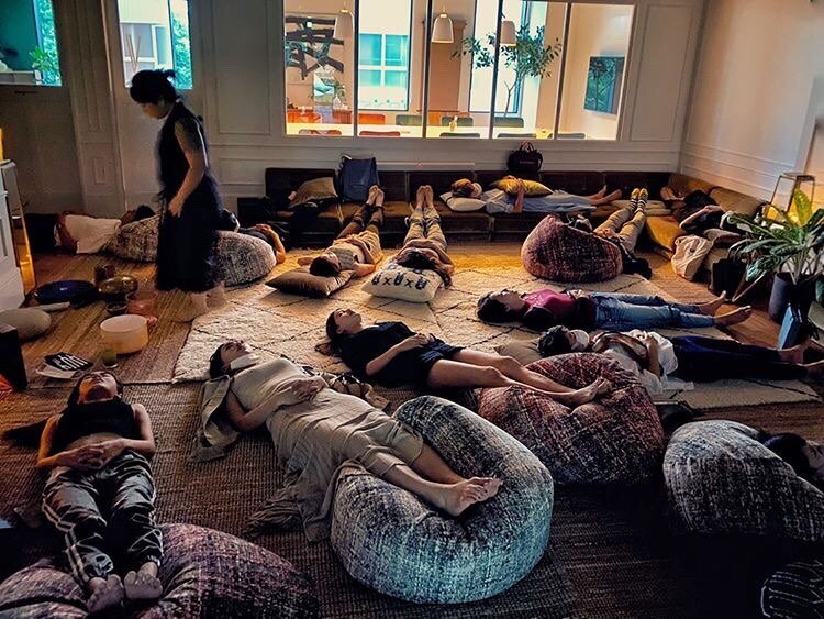 sound bath session dark room
